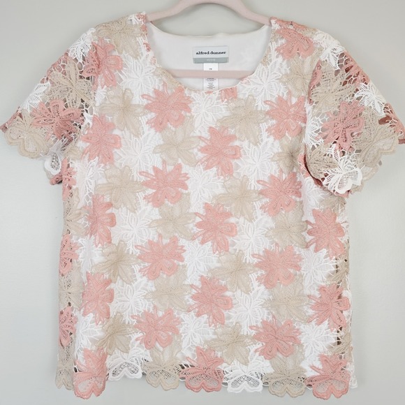 WOMEN'S ALFRED DUNNER WOMAN LACE FLORAL SHORT SLEEVE TOP‎ Sz Medium.A91 - Picture 1 of 11